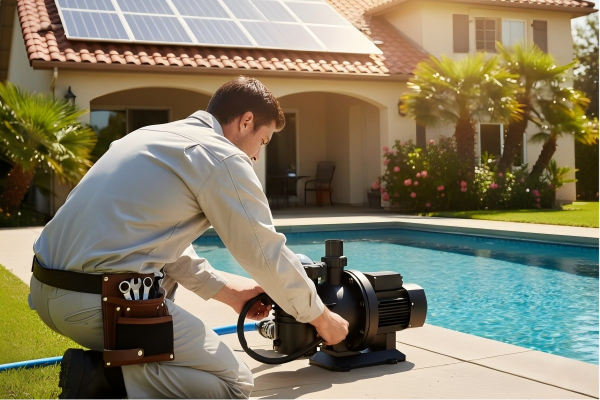 A solar-powered pool pump system next to a sunny swimming pool
