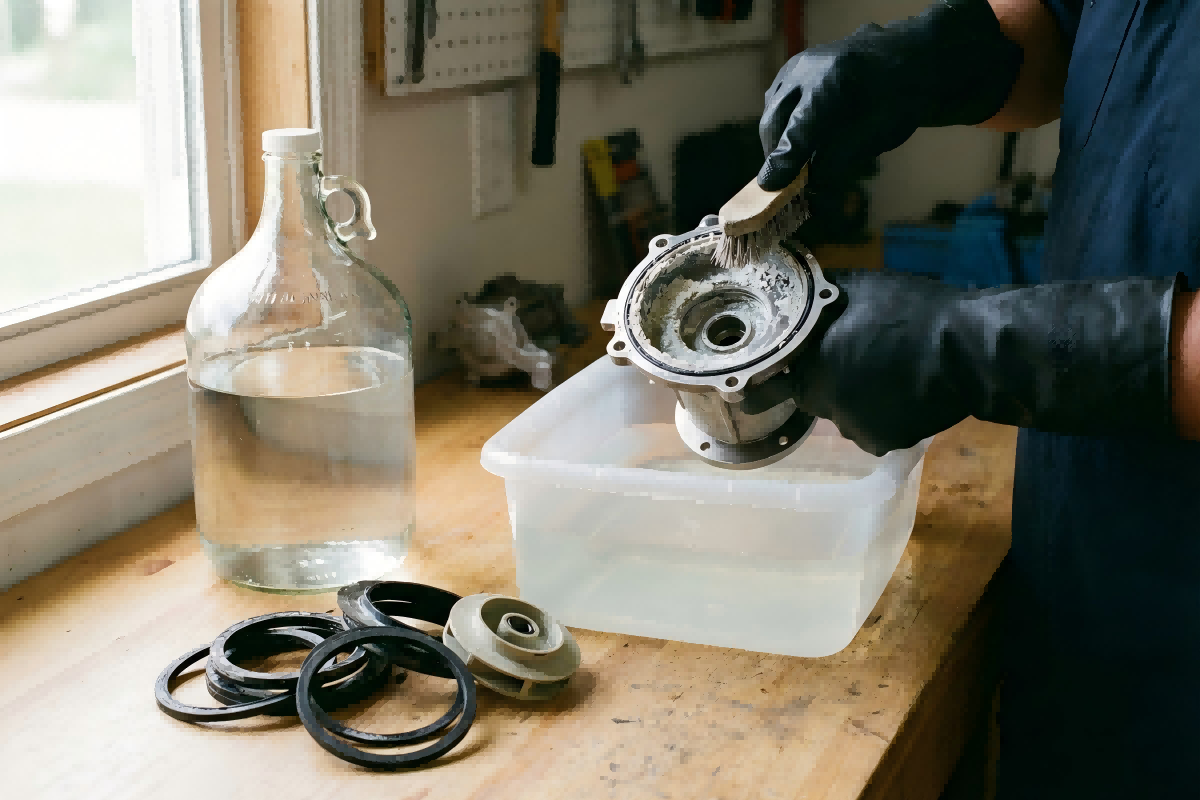 A technician wearing protective gloves uses a brush to scrub white mineral deposits off a disassembled metal RAFSUN water pump housing, submerging it in a tub of vinegar solution. A large glass jug of white vinegar sits on the wooden workbench alongside removed rubber seals and a plastic impeller, demonstrating the process and considerations when asking: Can you use vinegar to clean a water pump?