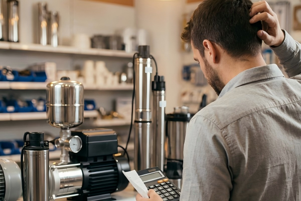 A homeowner holding a calculator compares RAFSUN stainless steel pumps to determine the budget, illustrating the complexity of figuring out what is the average cost of a submersible pump.