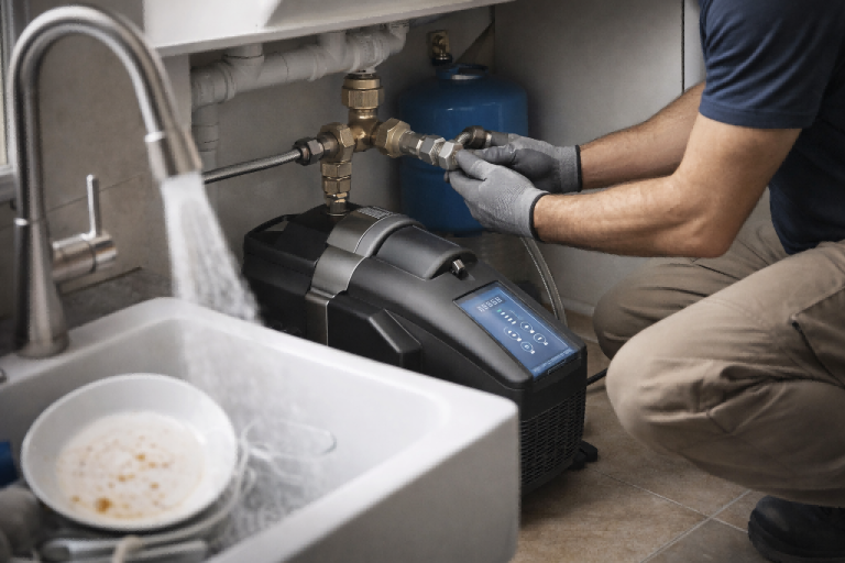 Domestic water pressure boosting installation using a RAFSUN smart booster pump under a household sink, showing a professional installer connecting the pump to home plumbing while strong, consistent water flow runs from the kitchen faucet, demonstrating improved water pressure for showers, taps, and daily domestic water use in a modern residential setting.