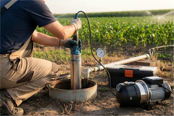 A pressure gauge showing low water pressure next to a diagram of a well pump system.