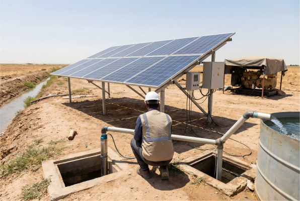 A simple diagram showing the flow from solar panel to controller to pump to water outlet