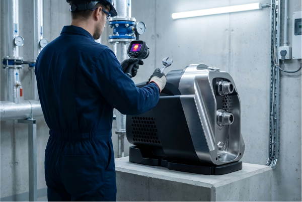 A modern variable speed drive water pump running efficiently in a clean equipment room