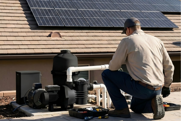 A 1.5 hp pool pump with solar panels in the background