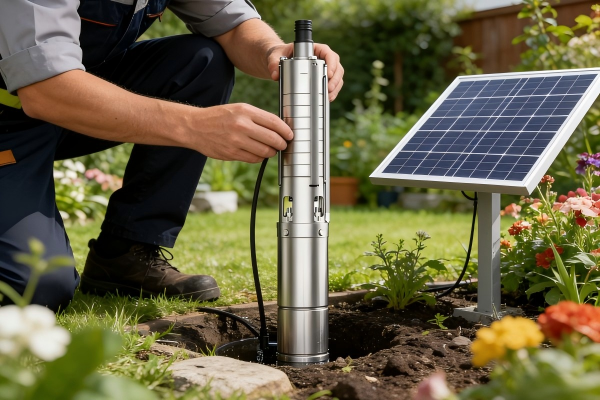 alt with keywords: solar panels powering a water pump in a field