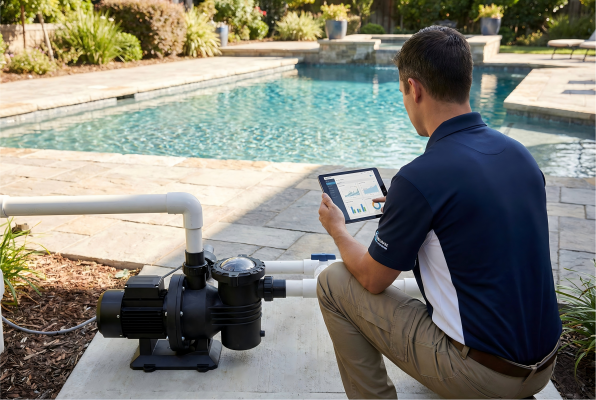 A modern, energy-efficient pool pump installed next to a clear blue swimming pool
