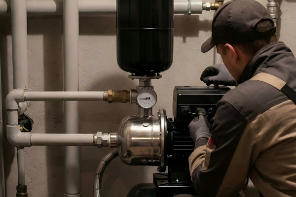 A pressure gauge showing a low reading next to a house's water system diagram.