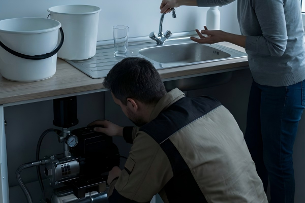 A technician crouches to inspect a malfunctioning RAFSUN household water pump system installed under a utility sink. Beside him, a woman gestures hopelessly at a faucet with no water running, while emergency buckets of water sit on the counter. This scene illustrates the domestic crisis that answers the question: Is a failing water pump an emergency?