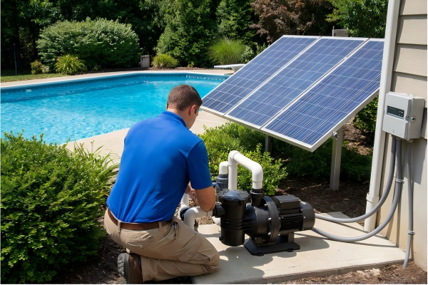 person looking at high electricity bill next to a swimming pool