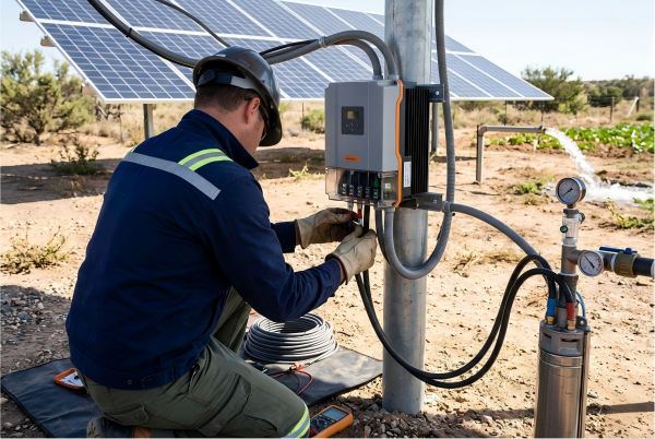 A solar panel connected to a pump controller in a field