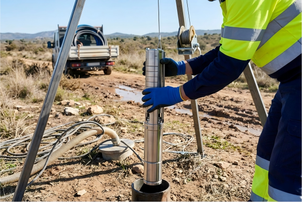 A diagram showing the maximum head and flow rate of a 0.75 kW borehole pump