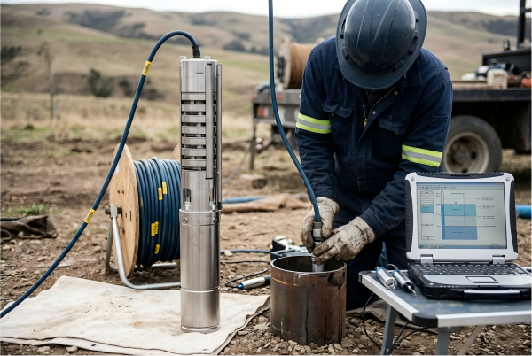 A cross-section of ground layers showing a borehole accessing a deep aquifer for clean water.