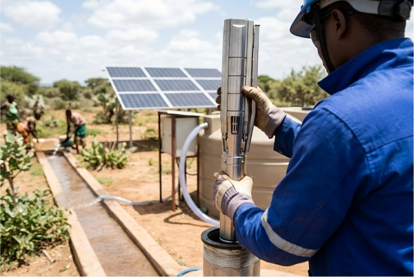 A durable solar water pump operating in a sunny field