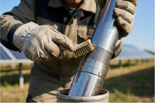 Close-up of a professional engineer scrubbing the intake mesh of a RAFSUN stainless steel submersible unit, demonstrating the key maintenance step of how to clean a solar water pump to ensure peak performance.