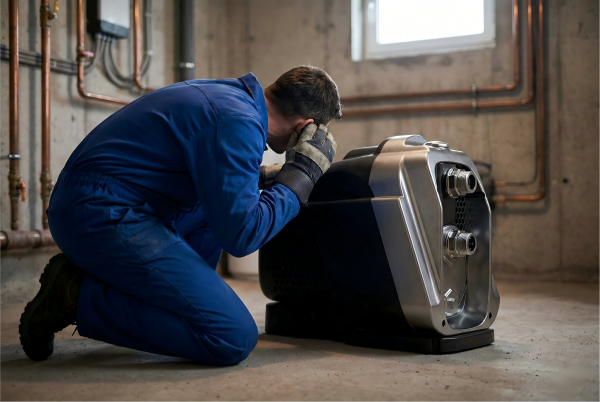 A person listens closely to a noisy water pump.