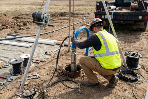 A borehole pump being lowered into a well casing.