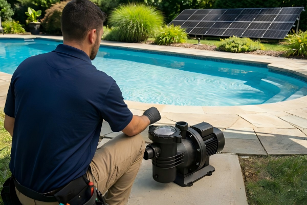 A modern variable speed pool pump next to a sparkling clean swimming pool
