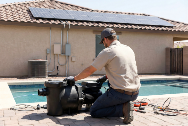 A solar panel array next to a swimming pool