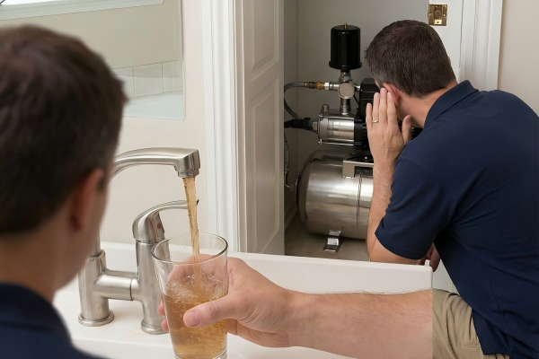 A split-view photograph illustrating what are the first signs of water pump failure in a home. In the foreground, a man holds a glass of discolored, brown water under a faucet, with a pile of sediment on the counter. In the background, a technician kneels and listens intently to a RAFSUN stainless steel water pump in a utility closet, diagnosing potential noise issues. The image visually represents symptoms like dirty water and unusual sounds from a failing RAFSUN unit.