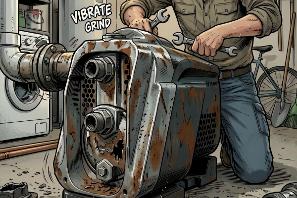 A comic book style illustration shows a man in a cap and work shirt kneeling on the floor of a utility room. He is sweating and holds wrenches, actively working on a large, heavily rusted and damaged RAFSUN water pump. A sound effect bubble above the pump reads "VIBRATE GRIND". The room is cluttered with a washing machine, water heater, pipes, shelving, and tools. The scene visually represents the loud noise and physical damage that answers the question: "What does cavitating a pump mean?".