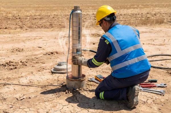 A dry cracked riverbed symbolizing the lack of water for a pump