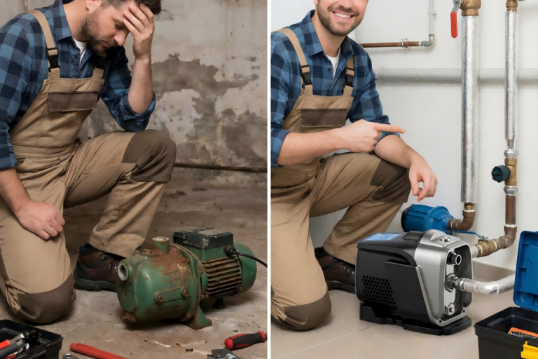 A visual comparison showing a rusted, broken water pump requiring repair due to operating condition mismatches—which is **what is the #1 cause of pump failure**—contrasted with the reliable, high-efficiency **RAFSUN** intelligent inverter pump installed in a clean, modern system to prevent burnout.