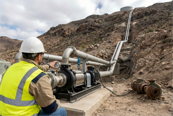 A powerful water pump installed at the base of a hill