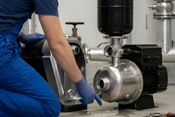 A technician in blue workwear kneels on a concrete floor in an industrial setting, pointing directly at a water leak pooling underneath a stainless steel RAFSUN pump system with a black pressure tank. This scene demonstrates a typical maintenance issue, visually answering the question: What is the most common problem of a water pump? Another modern pump unit sits beside it.
