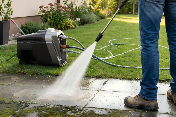 A person, viewed from behind, uses a high-pressure spray lance connected to a modern black and silver RAFSUN pump unit sitting on a backyard lawn. They are powerfully blasting stubborn moss and dirt off concrete patio tiles, providing a clear visual demonstration when asking: What is the purpose of a high pressure pump?