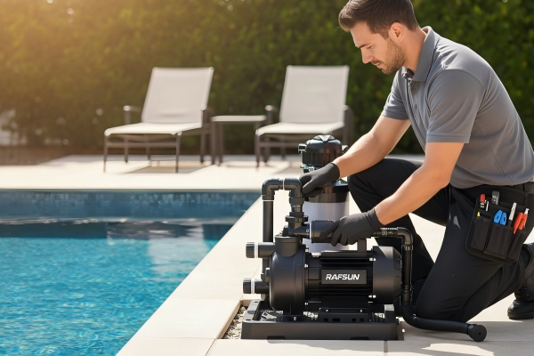 A solar panel array next to a residential swimming pool