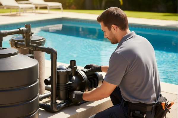 A modern variable speed pool pump installed neatly next to a swimming pool