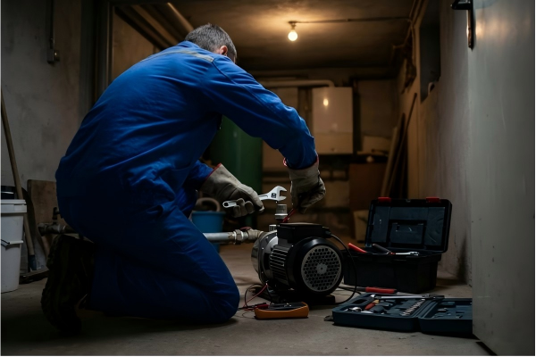 A damaged and broken water pump on a workshop bench.