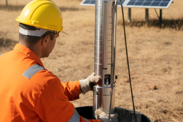 Professional engineer installing a RAFSUN stainless steel submersible solar water pump into a deep well casing in an off-grid rural area. The image demonstrates RAFSUN's capability to answer "How deep can a solar water pump draw water from?" featuring solar panels and a multi-stage pump design for high-head water extraction.