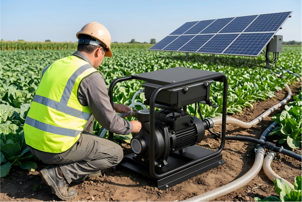 A professional engineer inspecting a high-efficiency RAFSUN solar-powered centrifugal water pump in a lush green vegetable field, answering the question what type of pump is best for irrigation by demonstrating sustainable agricultural technology with solar panels in the background.