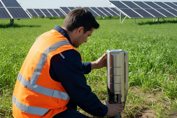 A professional engineer installing a high-quality RAFSUN stainless steel submersible solar water pump in a green agricultural field with solar panels in the background. This high-efficiency system answers the question: Is a solar water pump worth it? by providing sustainable irrigation for off-grid farming.