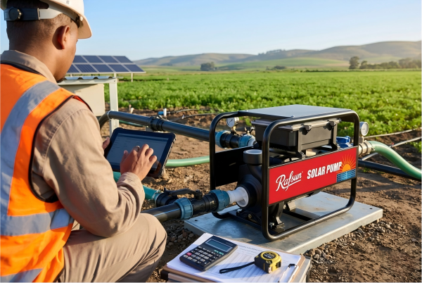 A professional irrigation engineer calculating Total Dynamic Head and flow rate on a tablet next to a black RAFSUN solar pump in a farm field. This high-efficiency RAFSUN solar pump helps answer the question: "How big of a pump do I need for irrigation?" by showcasing a real-world agricultural setup with solar panels and piping.
