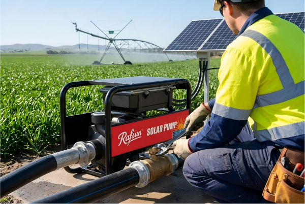 Professional irrigation engineer installing a RAFSUN solar pump in a lush farm field. The image addresses the question "How do I choose a pump for irrigation?" by showcasing a high-efficiency centrifugal surface pump connected to modern crop sprinkler systems, highlighting solar-powered solutions for agriculture.
