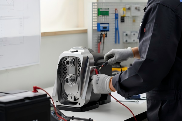 A professional engineer in a workshop testing a RAFSUN 12v water pump connected to a deep-cycle battery to determine how long can a 12V water pump run for based on amp-hour capacity and power draw.