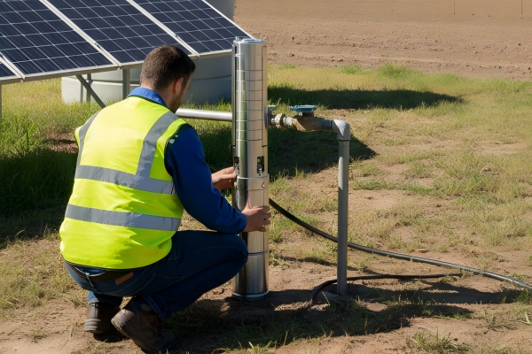 Professional engineer comparing a 12V and 24V RAFSUN solar pump system in a rural farm setting. The image illustrates what is the difference between 12V and 24V solar pumps, showing two blue RAFSUN pumps connected to solar panels, with one efficiently pumping water into a large black storage tank under a clear blue sky.