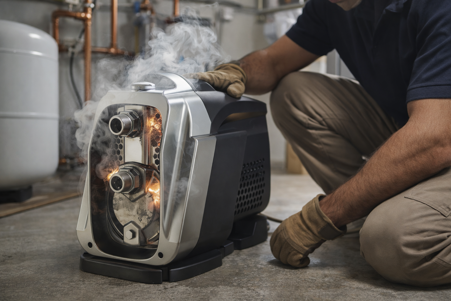 RAFSUN centrifugal water pump in a realistic home utility room with a professional engineer inspecting the system during a dry running failure. The pump shows visible overheating and smoke effects, illustrating why you should never run a centrifugal pump without water. This image highlights the risks of dry running, including mechanical seal damage, overheating, internal component wear, and costly pump failure in residential water supply applications.