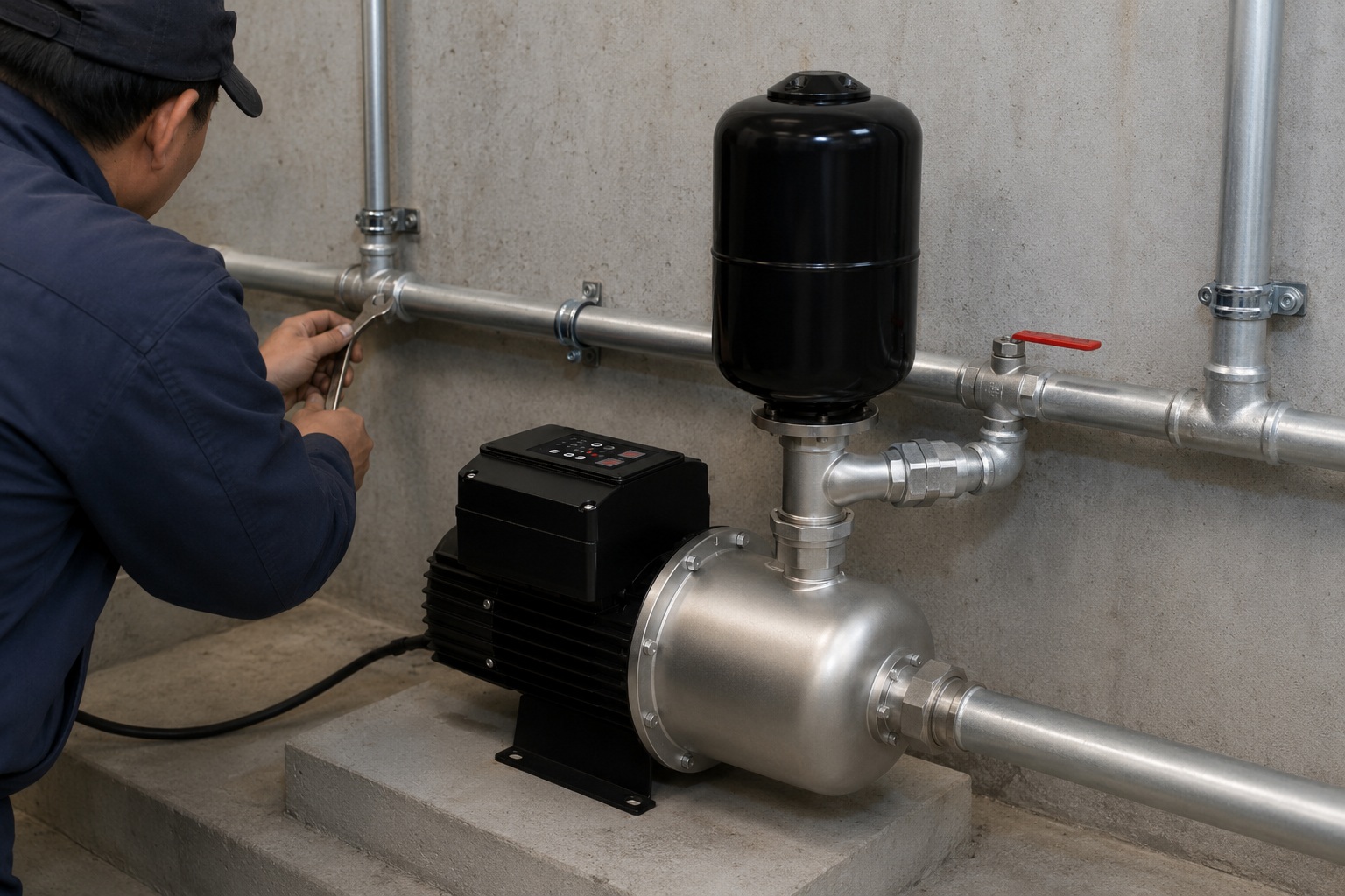 A detailed indoor pump installation scene featuring a RAFSUN permanent magnet variable frequency booster pump. The pump has a black rectangular motor housing with cooling fins, a black top-mounted control box with a subtle control panel, and a silver cylindrical pump head bolted at the front. A vertical black pressure tank is mounted directly above the pump head. The inlet pipe enters the pump front from the lower-right side of the frame as a straight horizontal metal pipe, while the outlet side port between the pump head and pressure tank connects horizontally to the right-side pipe system using a tee fitting. The installation uses new, clean metal pipes with realistic fittings including unions, elbows, valves with red handles, connectors, and pipe clamps securely fastened to the concrete wall. A Chinese professional installer is seen from the side/back wearing a navy work jacket and cap, adjusting a valve with a wrench. The pump operates in a stable constant pressure water supply system, demonstrating smart booster pump functionality. The environment is a concrete-walled pump room with a clean, professional industrial appearance, illustrating an operational indoor pump installation. Keywords naturally included: permanent magnet variable frequency booster pump, variable speed booster pump, constant pressure water pump, smart booster pump, water pressure booster system, indoor pump installation, RAFSUN booster pump.