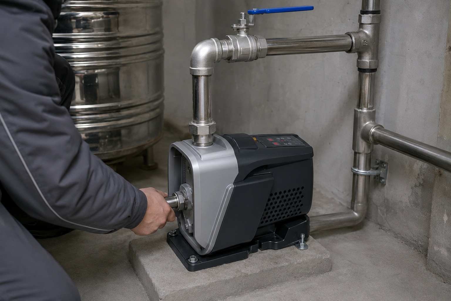 A detailed indoor pump installation scene showing a RAFSUN RUC permanent magnet variable frequency booster pump securely mounted on a concrete pad in a mechanical room or basement utility area. The variable speed booster pump features a gray and dark gray housing with a metallic silver front panel, integrated control display on top, and side ventilation perforations. The front inlet pipe connects horizontally into the pump head threaded port, while the top-front outlet connects directly to a stainless steel horizontal pipe with a blue-handled ball valve, elbow joints, tees, unions, and pipe clamps, forming a professional and fully connected water pressure booster system. The pump is actively maintained by a technician shown from the back and side, adjusting the inlet connection, emphasizing proper installation. The environment includes clean concrete flooring, wall-mounted pipe supports, and a reflective stainless steel tank in the background. The system conveys stable water flow, constant pressure operation, and a smart booster pump setup, illustrating a realistic RAFSUN indoor pump installation scenario suitable for residential or commercial applications.