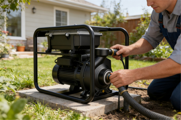 An image of a blue-shirted gardener kneeling and adjusting a RAFSUN-branded solar-powered irrigation pump, with the pressure switch clearly visible and being calibrated, in a backyard setting. Does an irrigation pump need a pressure switch? The picture shows the importance of pressure regulation in optimal irrigation.