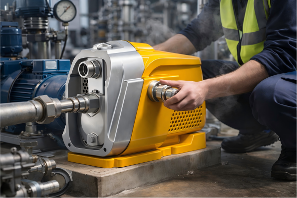 A professional engineer installing a RAFSUN centrifugal pump in an industrial piping system, demonstrating how centrifugal pumps increase pressure by converting motor-driven rotational energy into fluid kinetic energy and then into pressure energy. The yellow RAFSUN pump is connected to metal pipelines with a visible pressure gauge in the background, highlighting improved system pressure and efficient water flow. This real-world application showcases how centrifugal pumps solve low-pressure problems, enhance operational efficiency, and ensure stable fluid delivery in industrial environments.