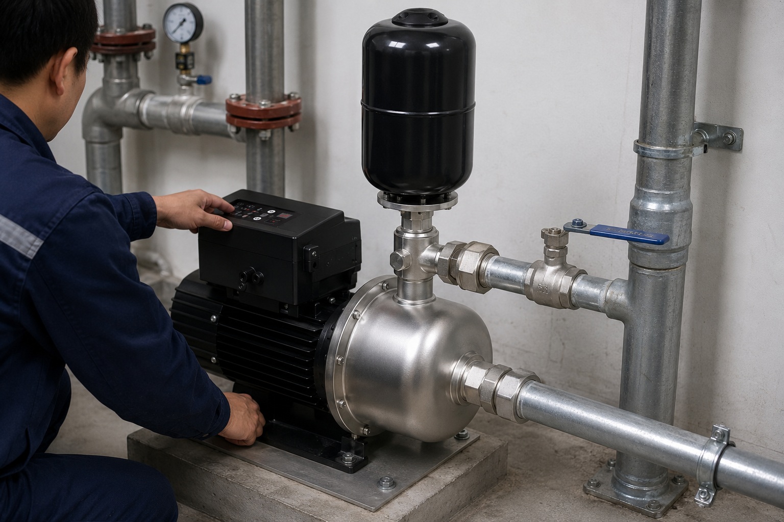 A realistic indoor pump installation scene featuring a RAFSUN BWD permanent magnet variable frequency booster pump installed on a clean concrete platform in a professional equipment room or basement utility space. The pump has a black horizontal motor body, a black top-mounted smart controller, a silver rounded pump head at the front, and a vertical black pressure tank mounted above the pump head. The front inlet receives a horizontal stainless steel pipe from the lower right of the frame, while the outlet between the pump head and pressure tank connects horizontally to the right-side piping system through a tee fitting. The installation includes realistic unions, valves, elbows, couplings, and pipe clamps, showcasing a fully functional water pressure booster system. A technician is partially visible, showing only back and hands, adjusting valves and inspecting pipe connections. The RAFSUN booster pump operates as a variable speed booster pump and constant pressure water pump, ensuring stable and efficient water flow. The scene is naturally lit and professionally set, reflecting a real indoor pump installation environment.