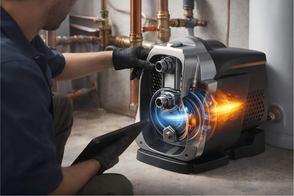 RAFSUN residential centrifugal pump installation in a home utility room, shown with a professional engineer inspecting the system without revealing the face. The realistic cutaway view illustrates how centrifugal pumps operate by using a rotating impeller to accelerate water, pushing the liquid outward through the pump casing and converting velocity into pressure for efficient household water circulation and boosting.