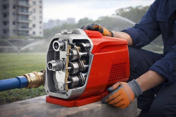 RAFSUN 3 stage multistage pump installed in a real residential and irrigation application, showing how a 3 stage pump works by using three impellers in series inside a single casing to boost water pressure for high-rise buildings, household water supply, and irrigation systems, with a professional engineer servicing the pump without showing his face.