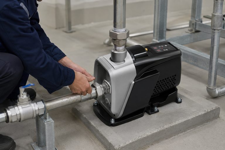 A professional indoor pump installation scene featuring a RAFSUN RUC permanent magnet variable frequency booster pump mounted on a concrete floor slab within a clean mechanical room. The compact pump has a silver front housing and black body with side vents, a top rear control panel with buttons and indicators, and a sturdy base secured by anchor bolts. Stainless and galvanized metal pipes connect to the pump: the front threaded inlet receives water through a horizontal pipe with a union coupling, and the top-front circular outlet feeds the system via a vertical pipe with elbow and tee fittings. Valves with blue lever handles, clamps, and union connectors are visible along the piping, reflecting a fully operational water pressure booster system. A technician is shown in partial view, hands adjusting the horizontal inlet pipe, emphasizing careful installation without showing the face. The environment includes additional piping, metal support frames, and neutral industrial finishes, illustrating a smart booster pump operating as a constant pressure water pump within an indoor pump installation. The setup highlights realistic connections and professional layout suitable for commercial or residential water supply, demonstrating a reliable variable speed booster pump in a complete RAFSUN water pressure booster system.