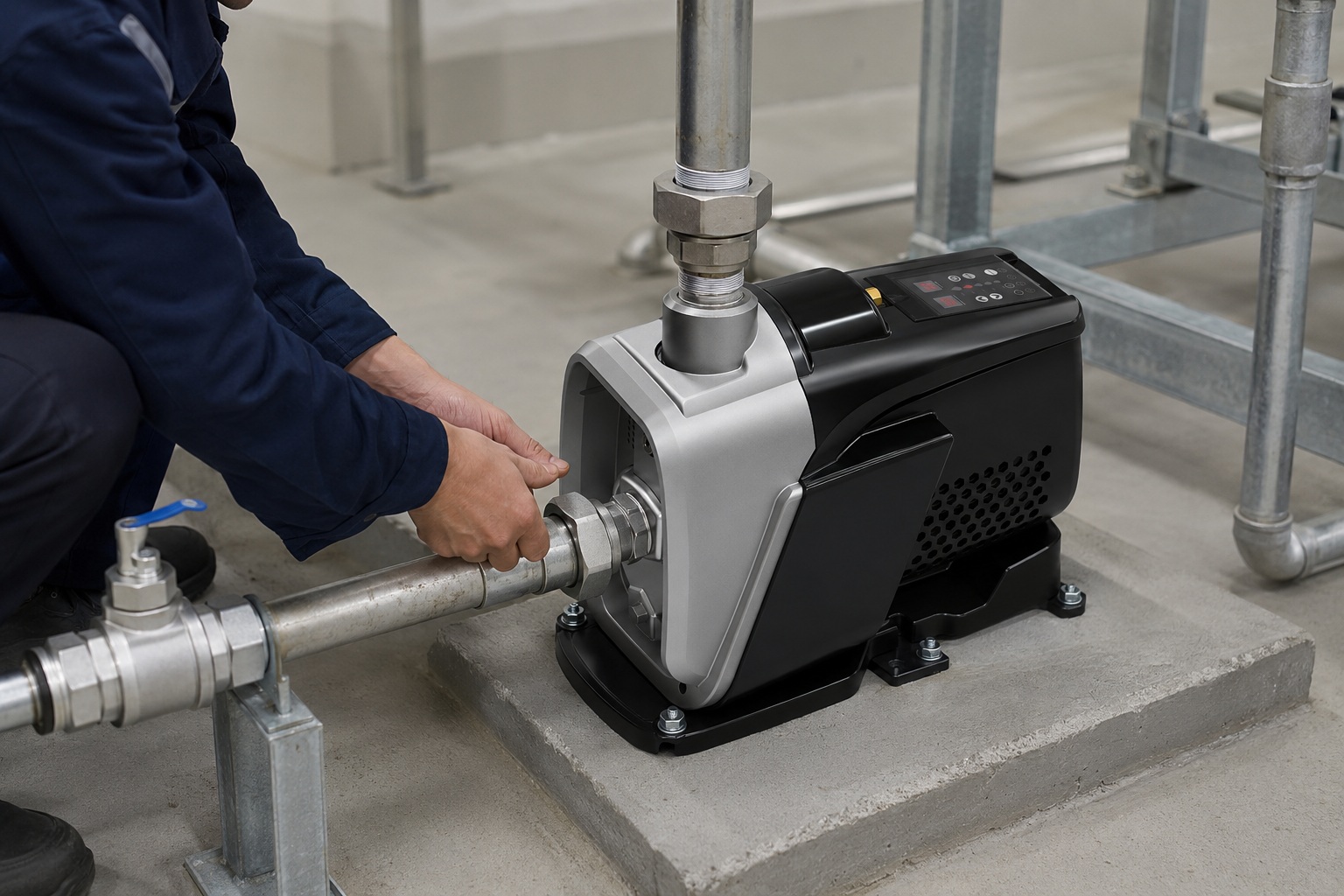 A professional indoor pump installation scene featuring a RAFSUN RUC permanent magnet variable frequency booster pump mounted on a concrete floor slab within a clean mechanical room. The compact pump has a silver front housing and black body with side vents, a top rear control panel with buttons and indicators, and a sturdy base secured by anchor bolts. Stainless and galvanized metal pipes connect to the pump: the front threaded inlet receives water through a horizontal pipe with a union coupling, and the top-front circular outlet feeds the system via a vertical pipe with elbow and tee fittings. Valves with blue lever handles, clamps, and union connectors are visible along the piping, reflecting a fully operational water pressure booster system. A technician is shown in partial view, hands adjusting the horizontal inlet pipe, emphasizing careful installation without showing the face. The environment includes additional piping, metal support frames, and neutral industrial finishes, illustrating a smart booster pump operating as a constant pressure water pump within an indoor pump installation. The setup highlights realistic connections and professional layout suitable for commercial or residential water supply, demonstrating a reliable variable speed booster pump in a complete RAFSUN water pressure booster system.