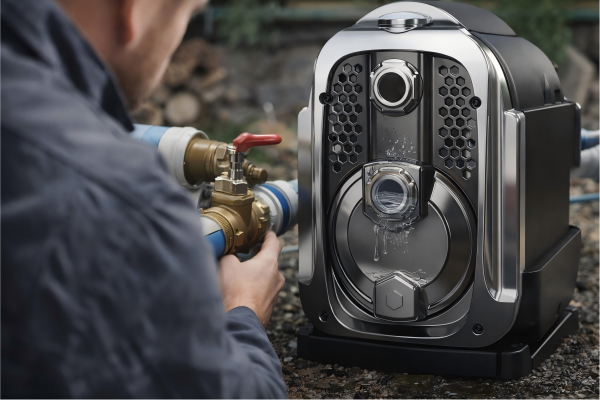 RAFSUN smart water pump being inspected by a professional engineer in a residential outdoor water system, showing how a pump loses its prime when air enters the suction line and interrupts water flow. The image features a realistic stainless steel household booster pump connected to blue and white PVC pipes with a brass valve, while the technician checks the unit without showing his face. This scene illustrates a pump running without moving water due to air trapped inside the pump casing, explaining the issue behind the question: How does a pump lose its prime?